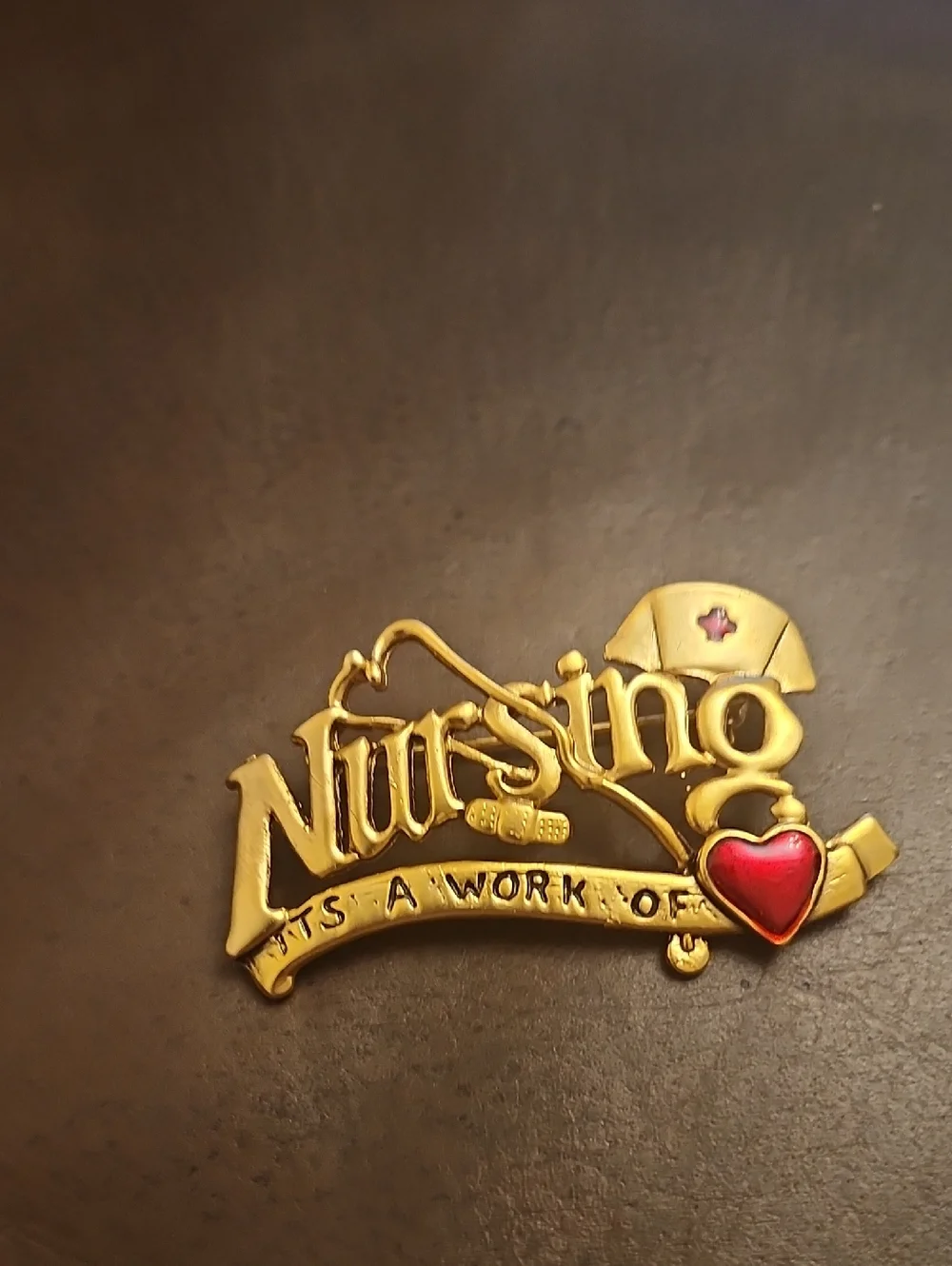 Nursing Gold Tone Red Heart Brooch